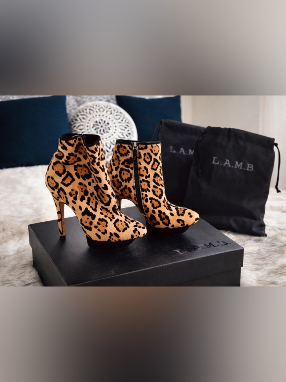 L.A.M.B. Leopard Calf Hair Ankle Boots w/ Box & Dust Bags Stiletto Heel Size 7.5